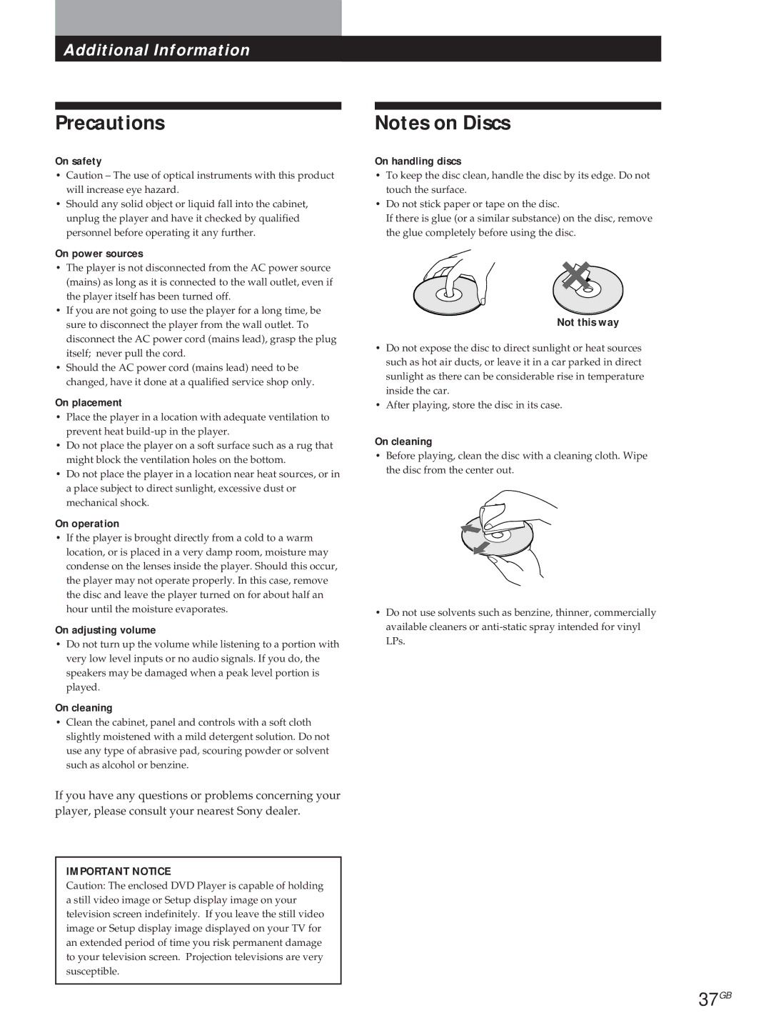 Sony DVP-S315, DVP-S715 manual Precautions, 37GB 