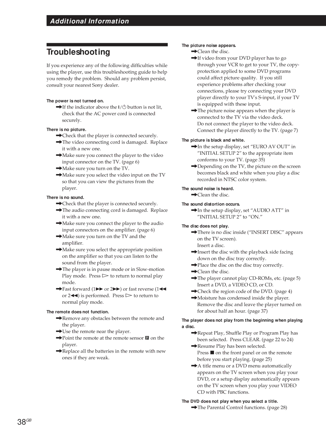 Sony DVP-S715, DVP-S315 manual Troubleshooting, 38GB 