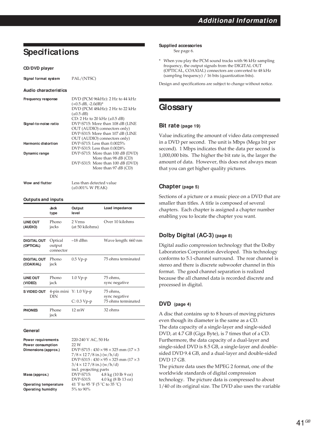 Sony DVP-S315, DVP-S715 manual Specifications, Glossary, 41GB 