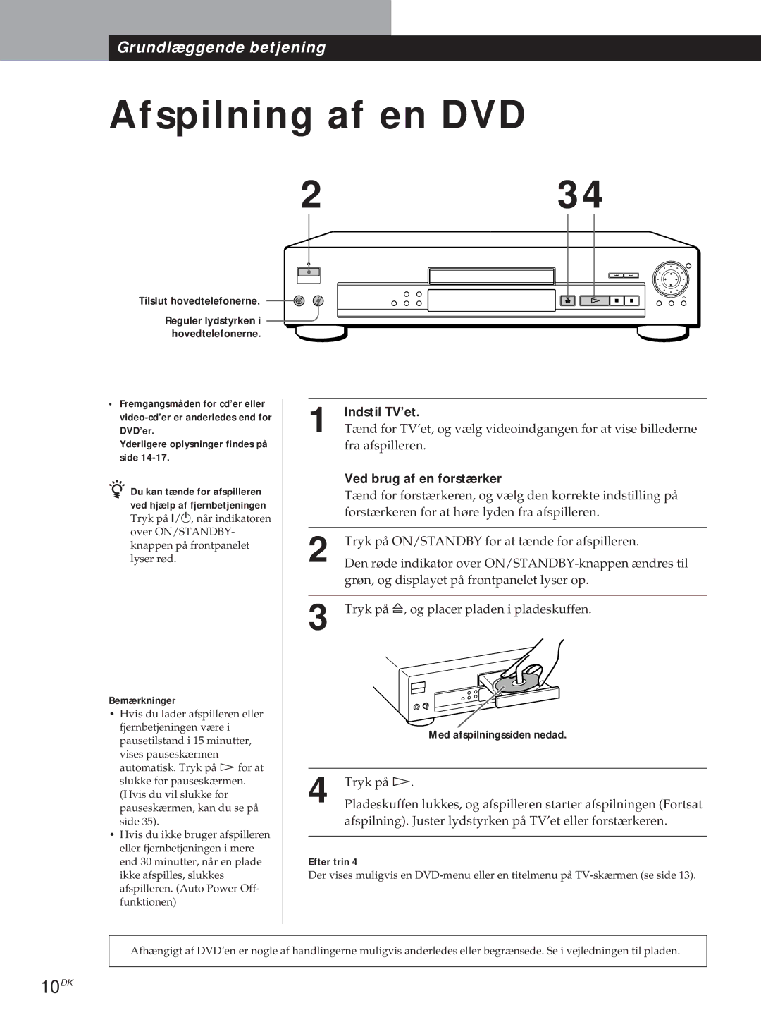 Sony DVP-S715, DVP-S315 manual 10DK, Tilslut hovedtelefonerne, Bemærkninger, Med afspilningssiden nedad, Efter trin 