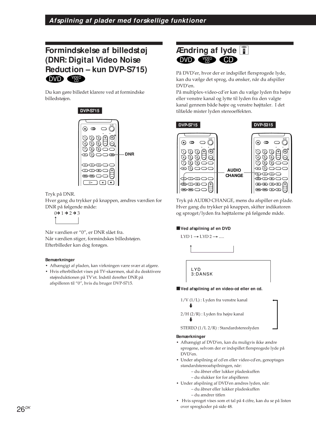 Sony DVP-S715, DVP-S315 manual Ændring af lyde Z, 26DK, Du kan gøre billedet klarere ved at formindske billedstøjen 