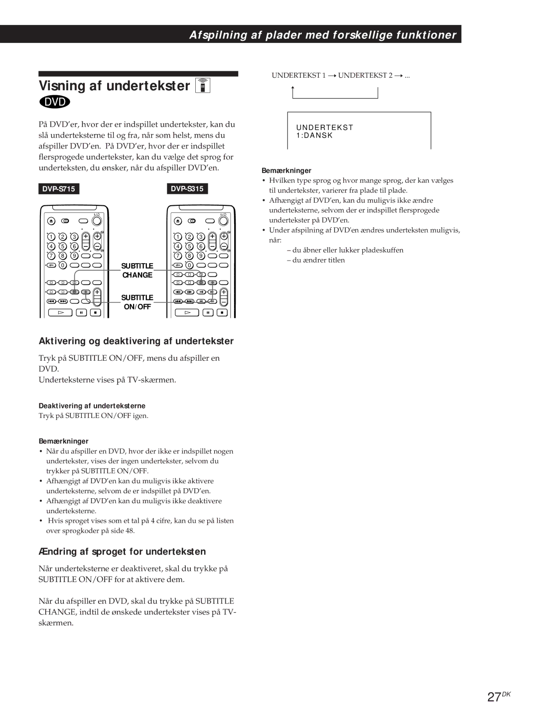 Sony DVP-S315 Visning af undertekster Z, 27DK, Aktivering og deaktivering af undertekster, Deaktivering af underteksterne 