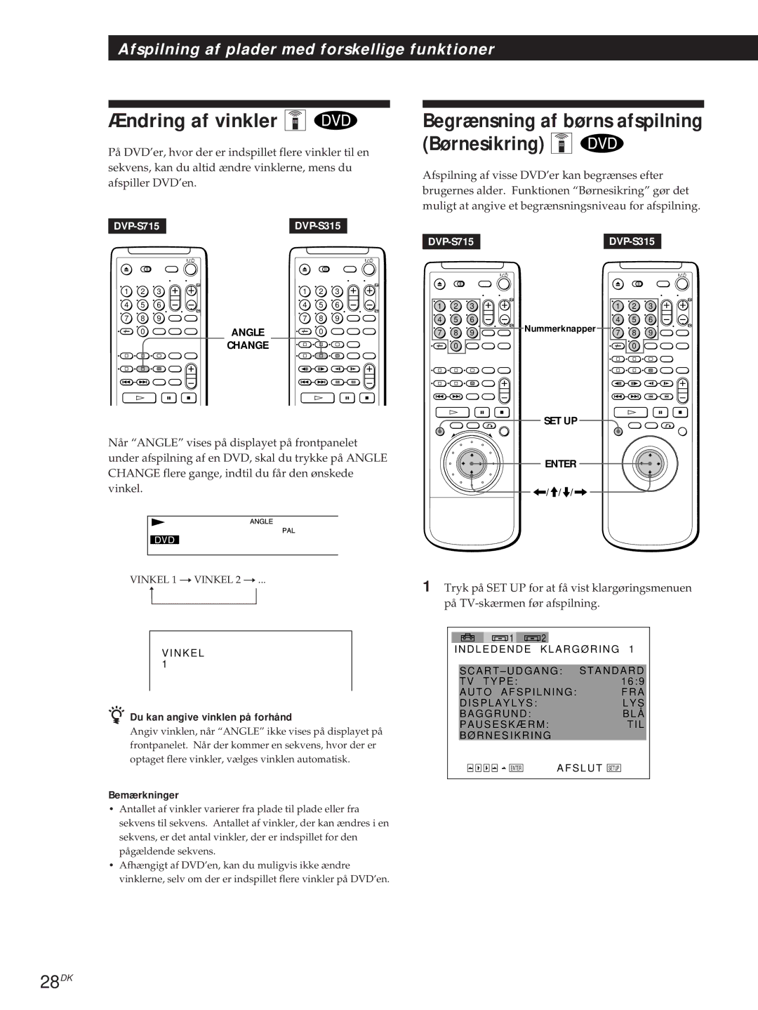 Sony DVP-S715, DVP-S315 manual Ændring af vinkler Z, 28DK, Du kan angive vinklen på forhånd 