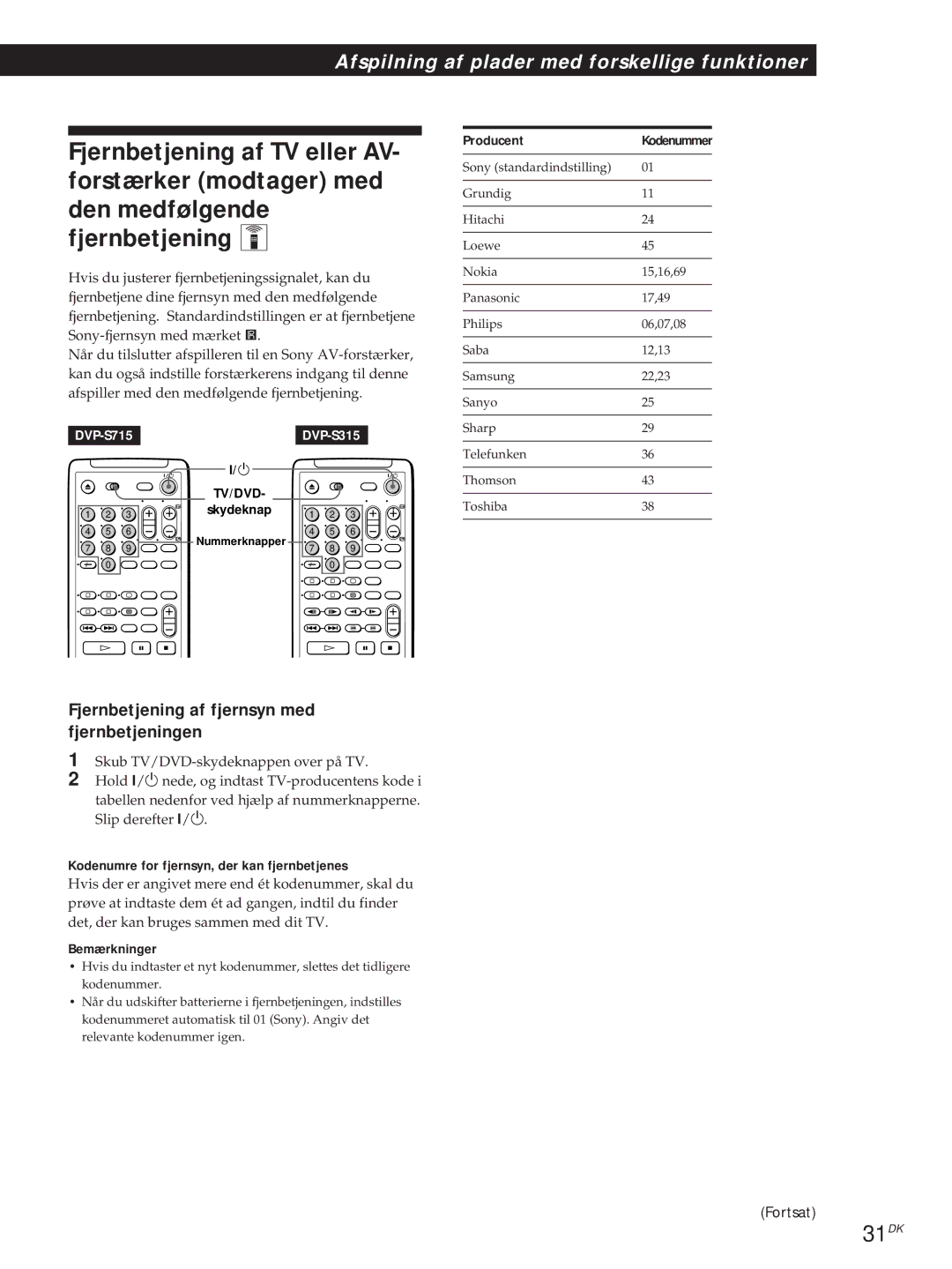 Sony DVP-S315, DVP-S715 manual 31DK, Fjernbetjening af fjernsyn med fjernbetjeningen, Producent 