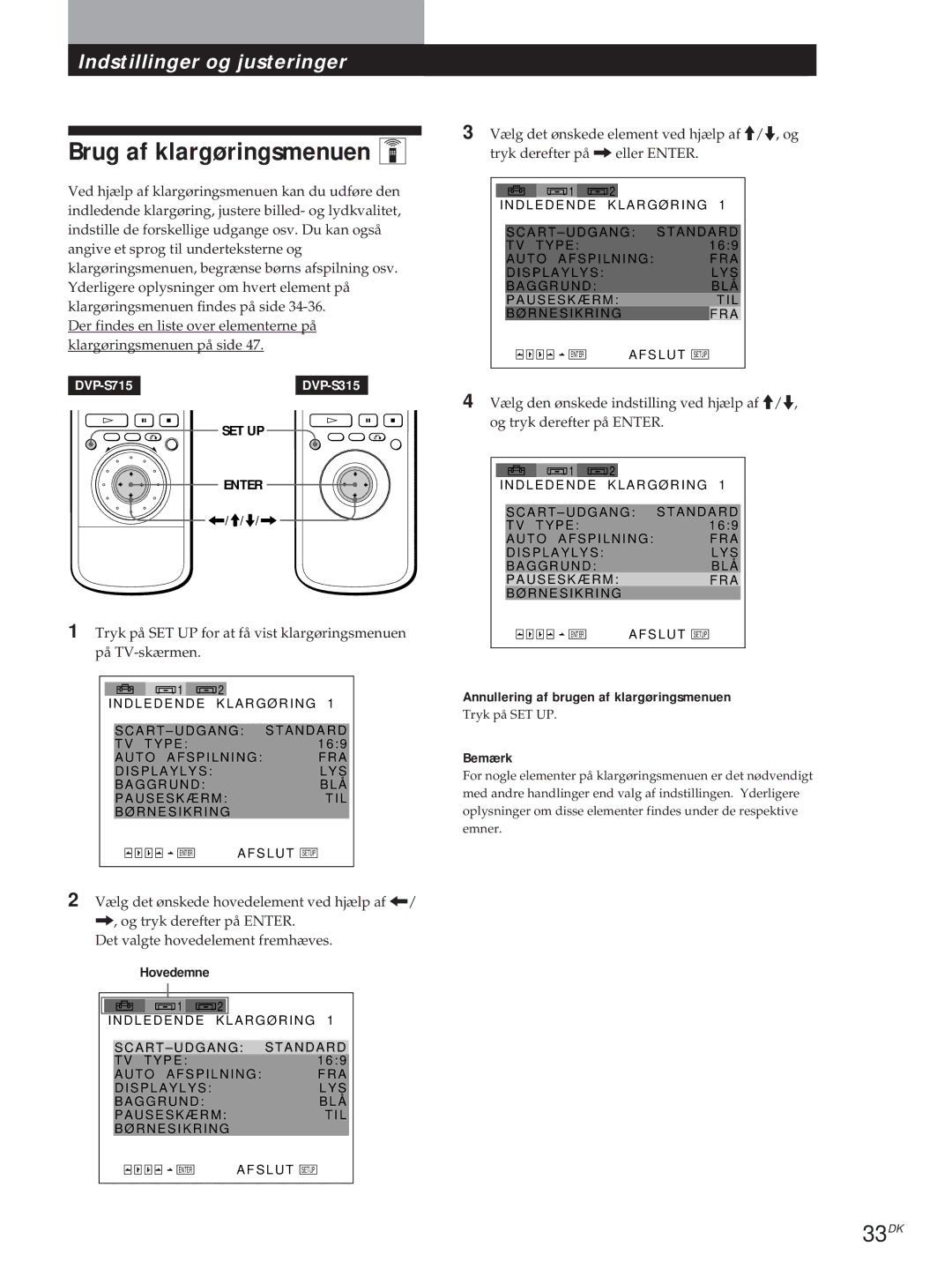 Sony DVP-S315, DVP-S715 manual Brug af klargøringsmenuen Z, 33DK, Hovedemne 