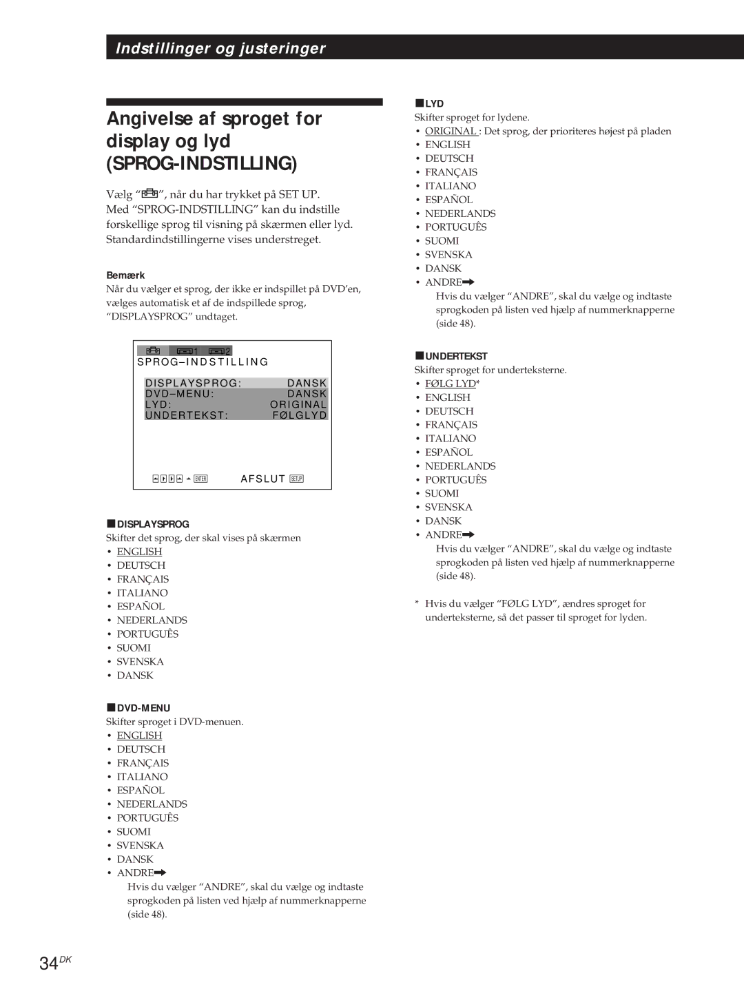 Sony DVP-S715, DVP-S315 manual Angivelse af sproget for display og lyd, 34DK 