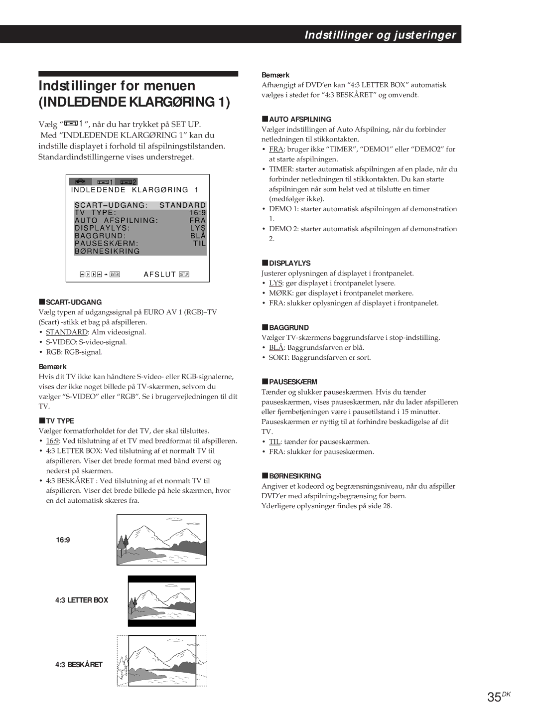 Sony DVP-S315, DVP-S715 manual Indstillinger for menuen, 35DK 