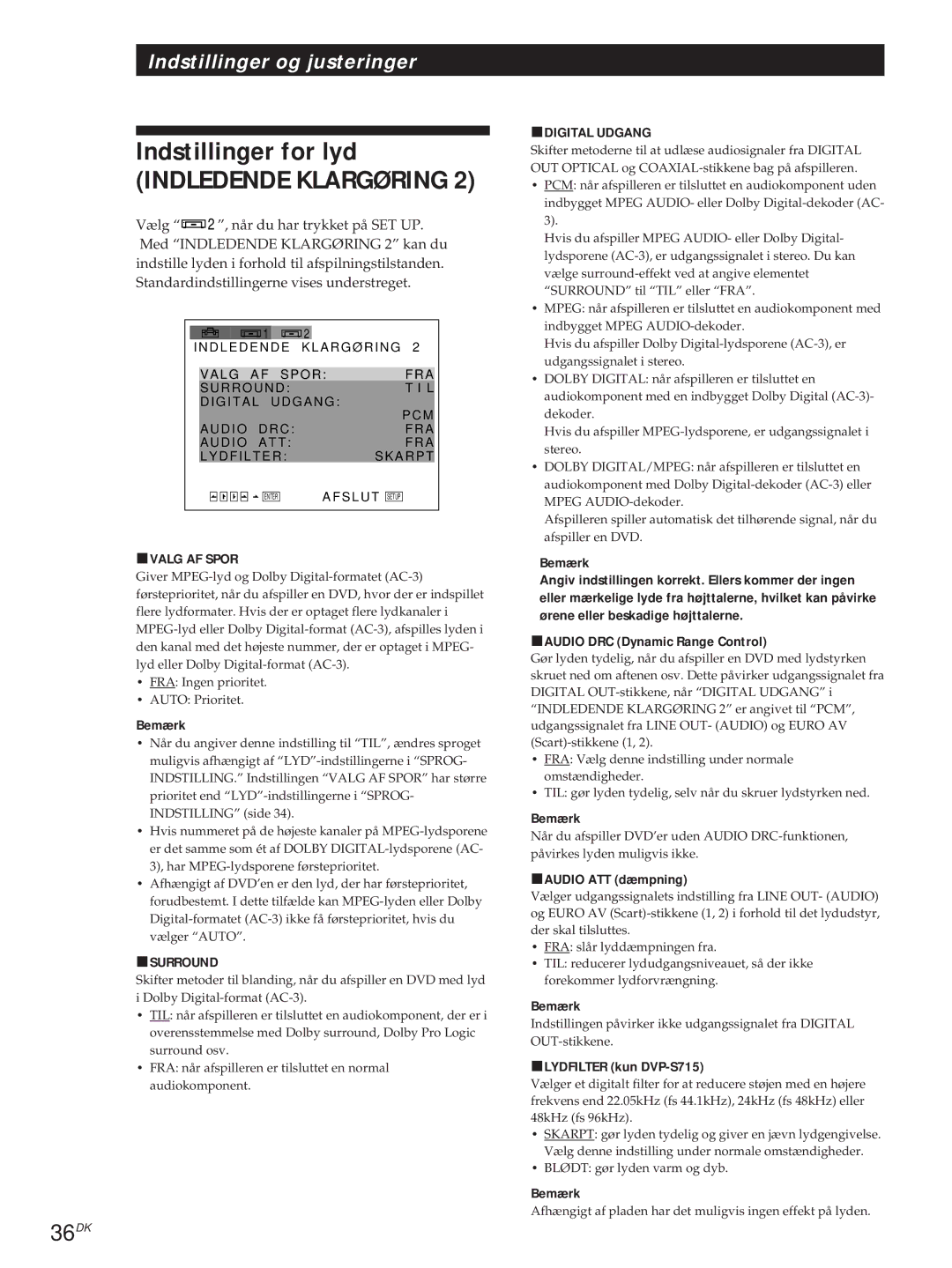 Sony DVP-S715, DVP-S315 manual Indstillinger for lyd, 36DK 