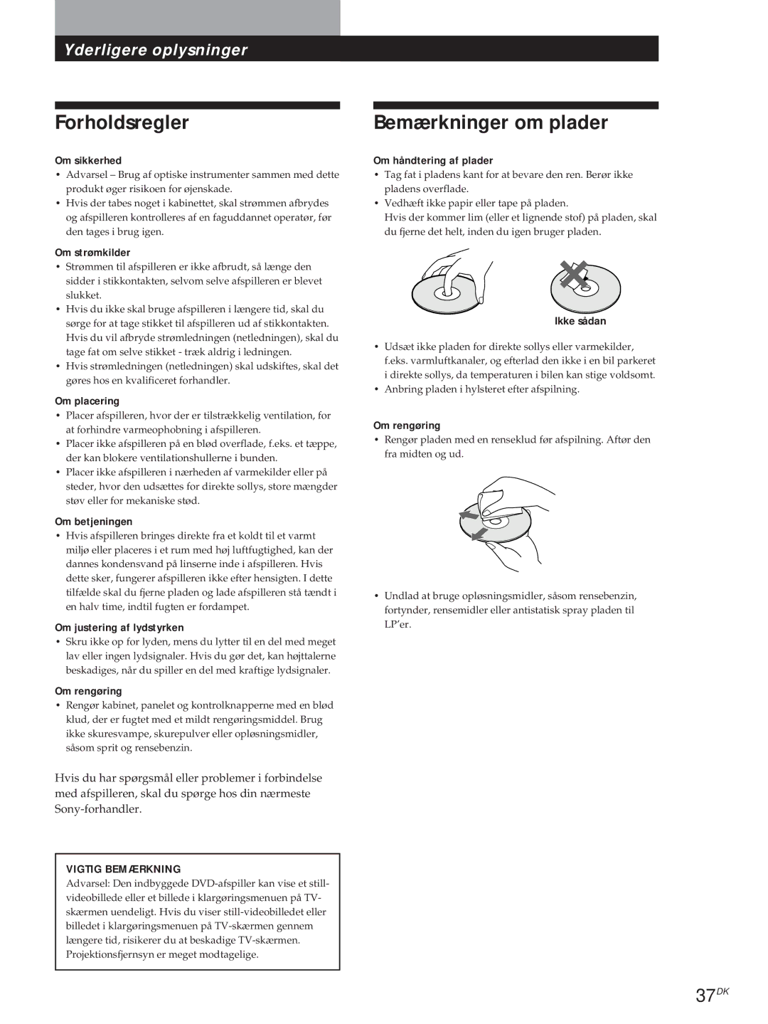 Sony DVP-S315, DVP-S715 manual Forholdsregler, Bemærkninger om plader, 37DK 