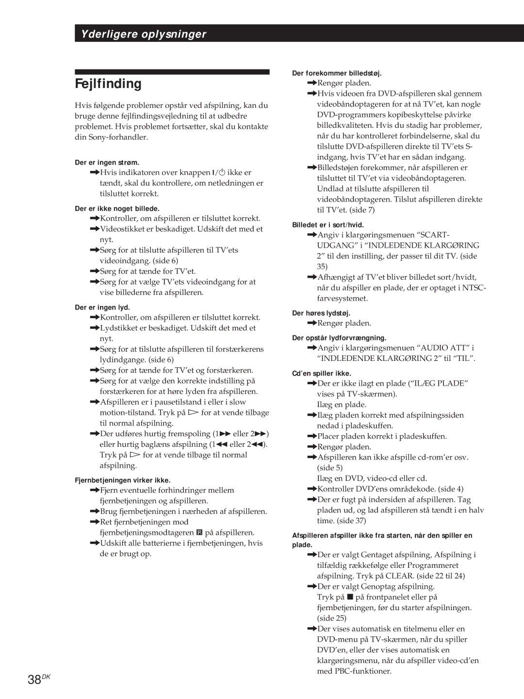 Sony DVP-S715, DVP-S315 manual Fejlfinding, 38DK 