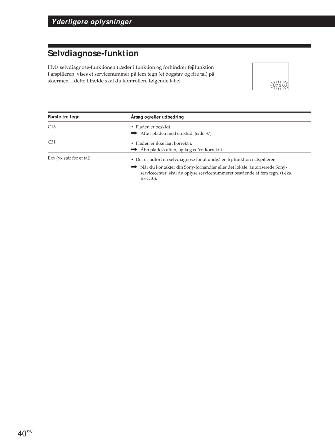 Sony DVP-S715, DVP-S315 manual Selvdiagnose-funktion, 40DK, Første tre tegn Årsag og/eller udbedring 