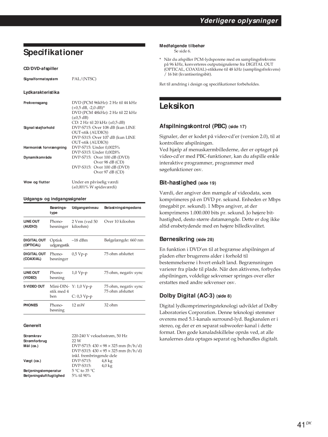 Sony DVP-S315, DVP-S715 manual Specifikationer, Leksikon, 41DK 