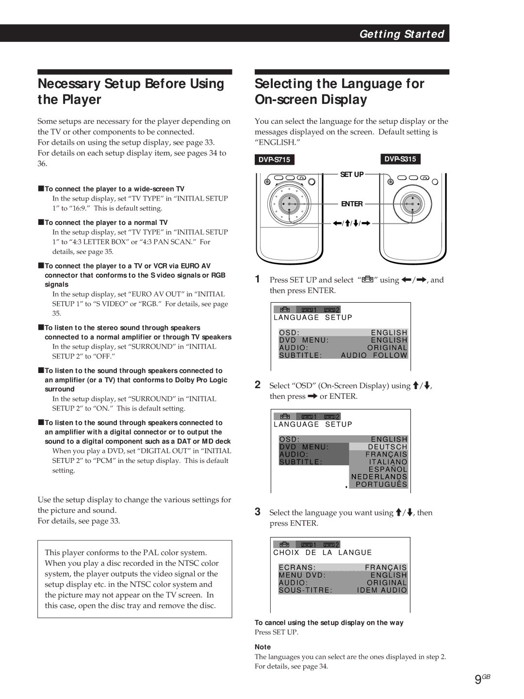 Sony DVP-S315, DVP-S715 manual Necessary Setup Before Using the Player, Selecting the Language for On-screen Display 