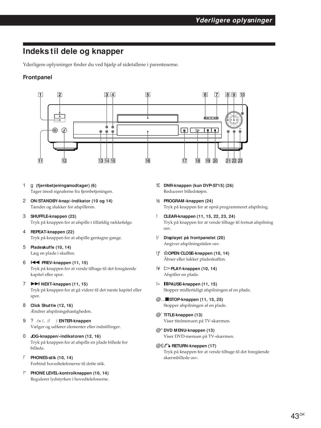 Sony DVP-S315, DVP-S715 manual Indeks til dele og knapper, 43DK, Frontpanel 