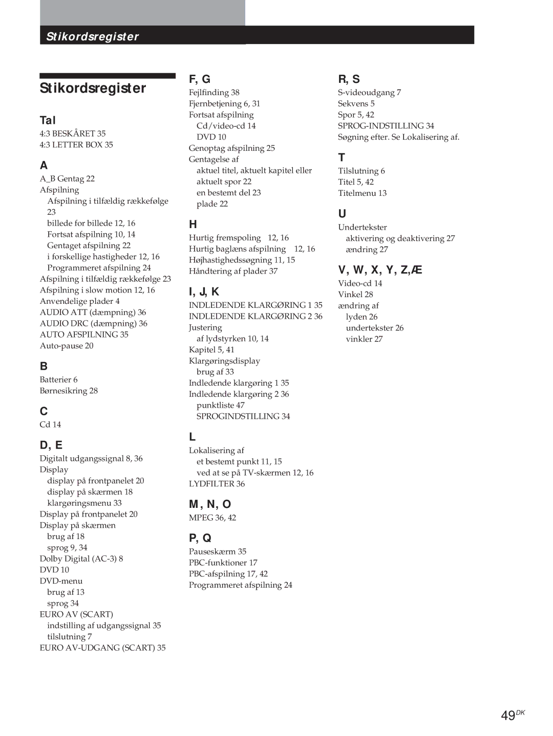 Sony DVP-S315, DVP-S715 manual Stikordsregister, 49DK, Tal, X, Y, Z,Æ 