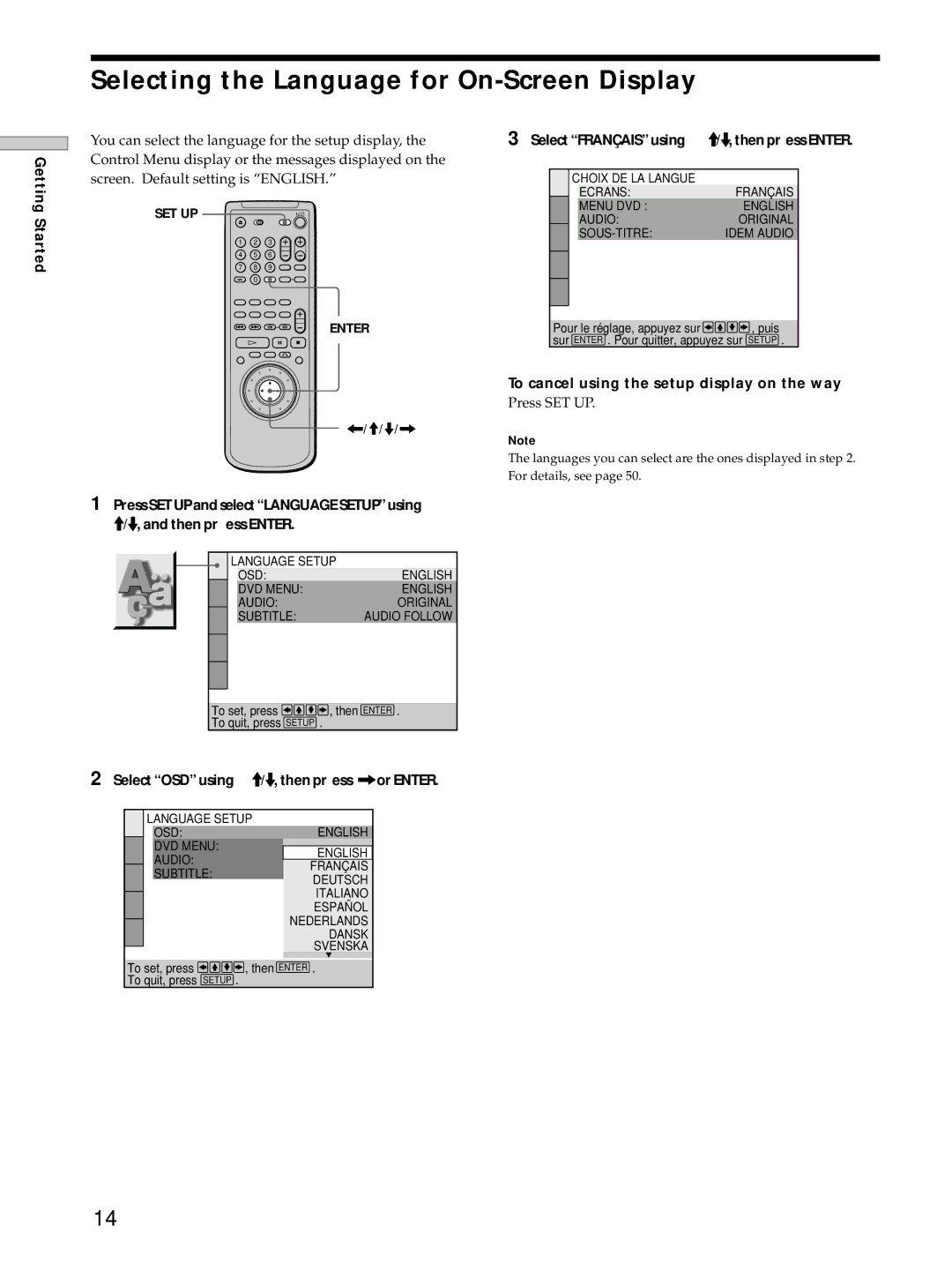 Sony DVP-S725D operating instructions Selecting the Language for On-Screen Display, Select Français using, Press SET UP 