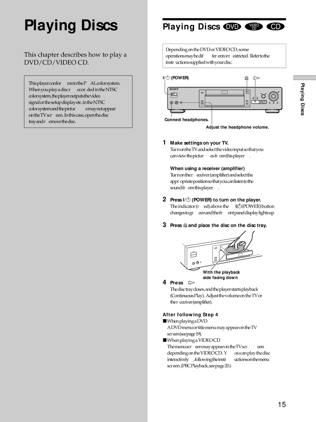 Sony DVP-S725D operating instructions Playing Discs 