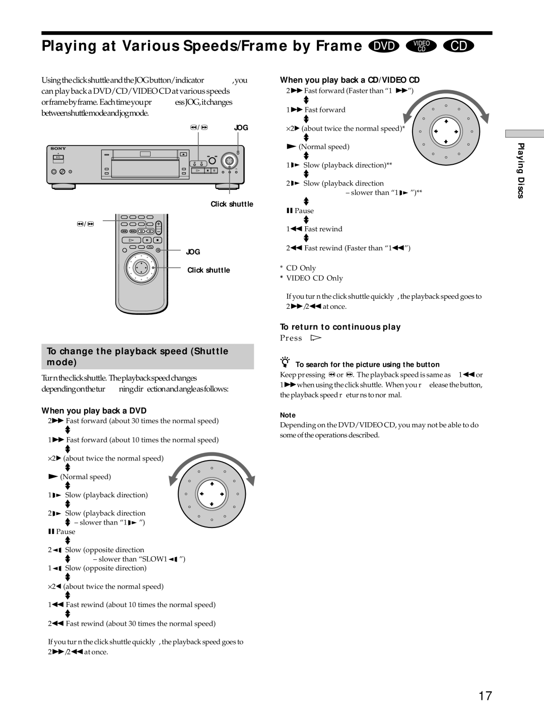 Sony DVP-S725D operating instructions Playing at Various Speeds/Frame by Frame, To change the playback speed Shuttle Mode 