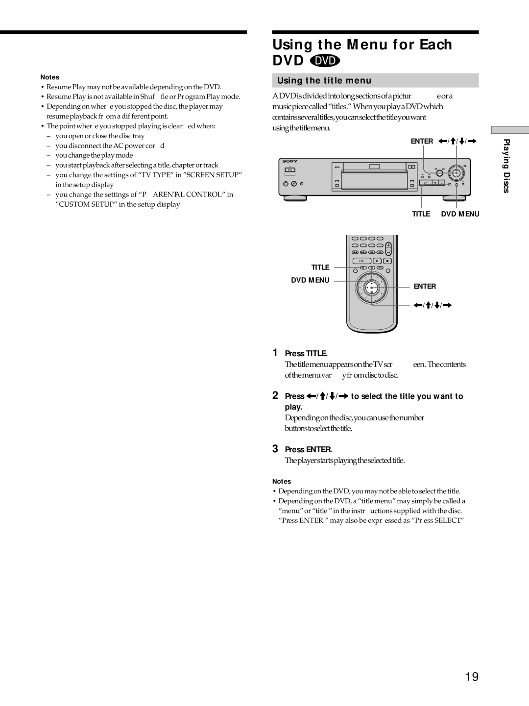 Sony DVP-S725D operating instructions Using the Menu for Each, Using the title menu, Press Title, Press Enter 