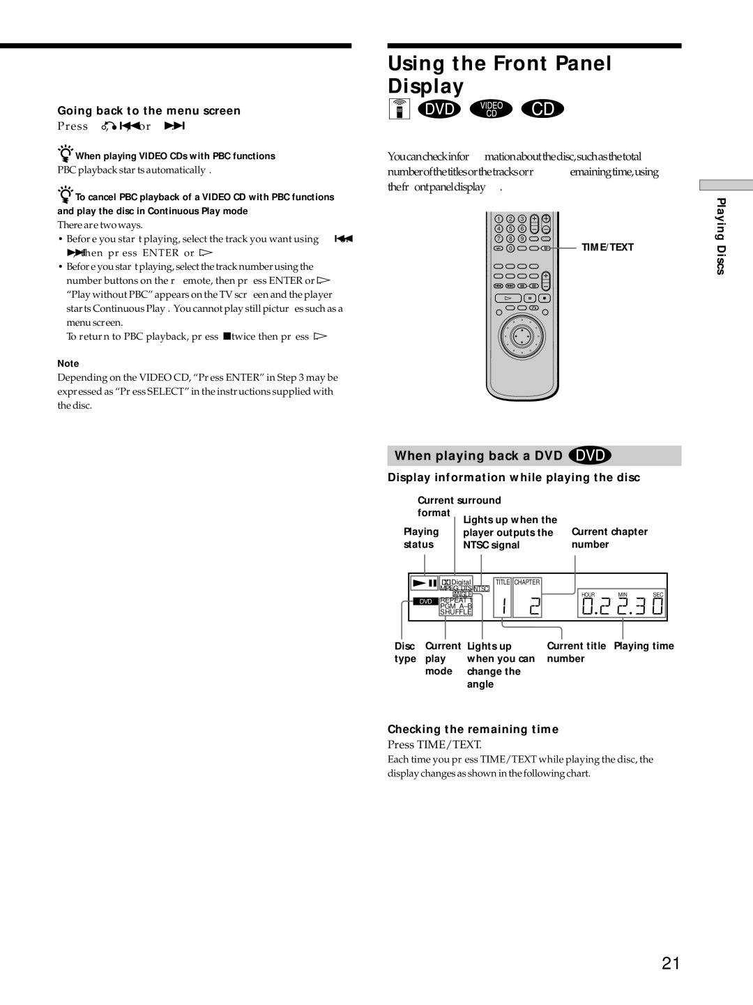 Sony DVP-S725D operating instructions Using the Front Panel Display, When playing back a DVD, Going back to the menu screen 