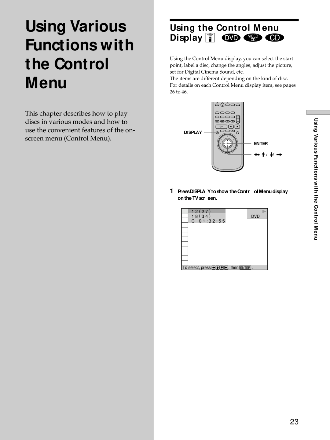 Sony DVP-S725D operating instructions Using Various Functions with the Control Menu 