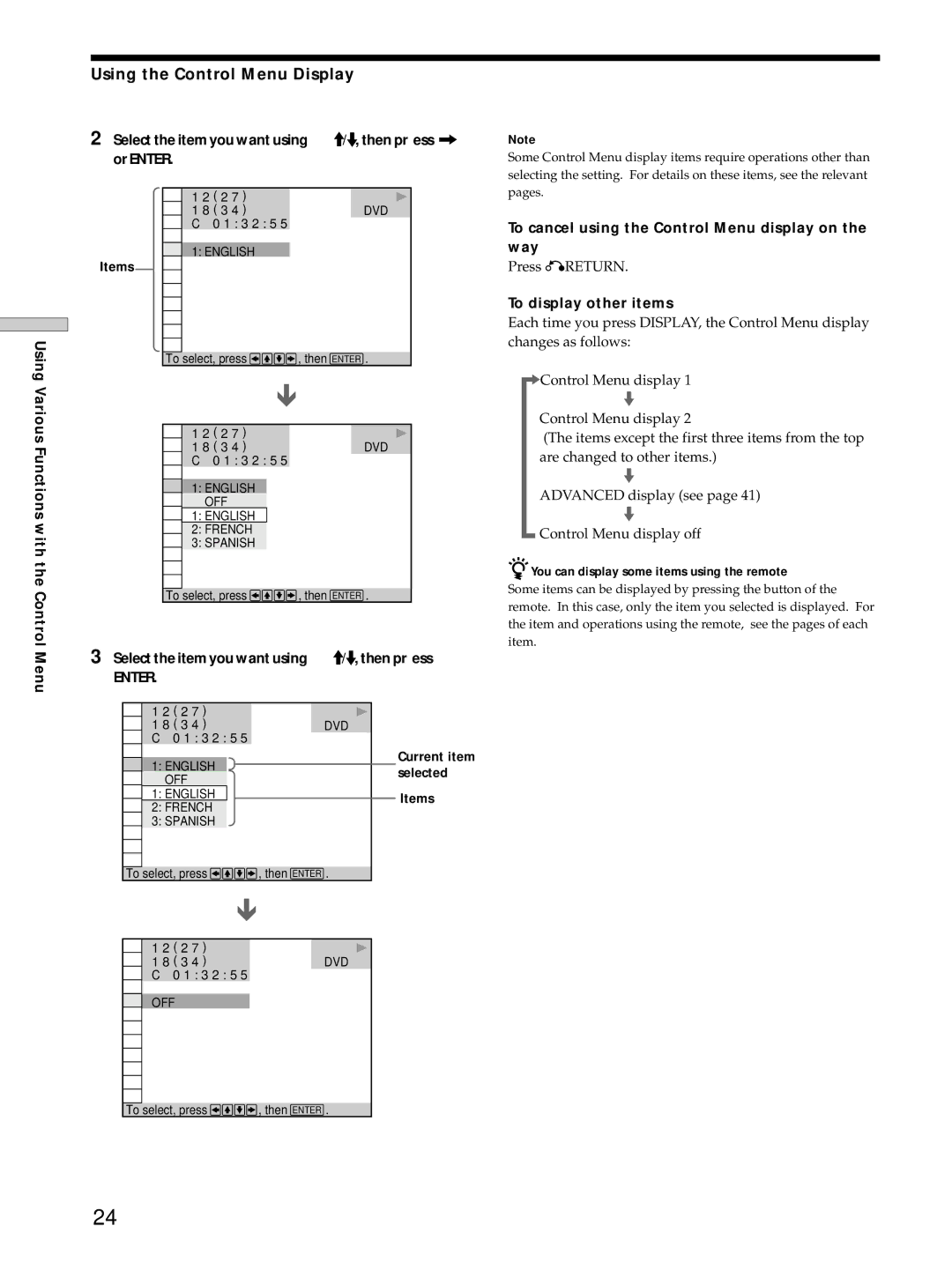 Sony DVP-S725D operating instructions Using the Control Menu Display 