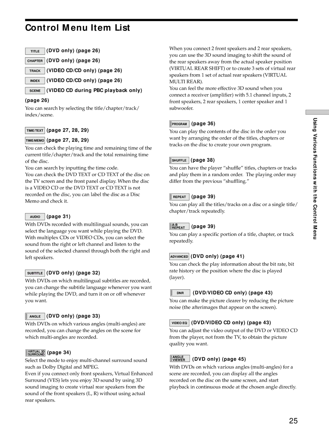 Sony DVP-S725D operating instructions Control Menu Item List 