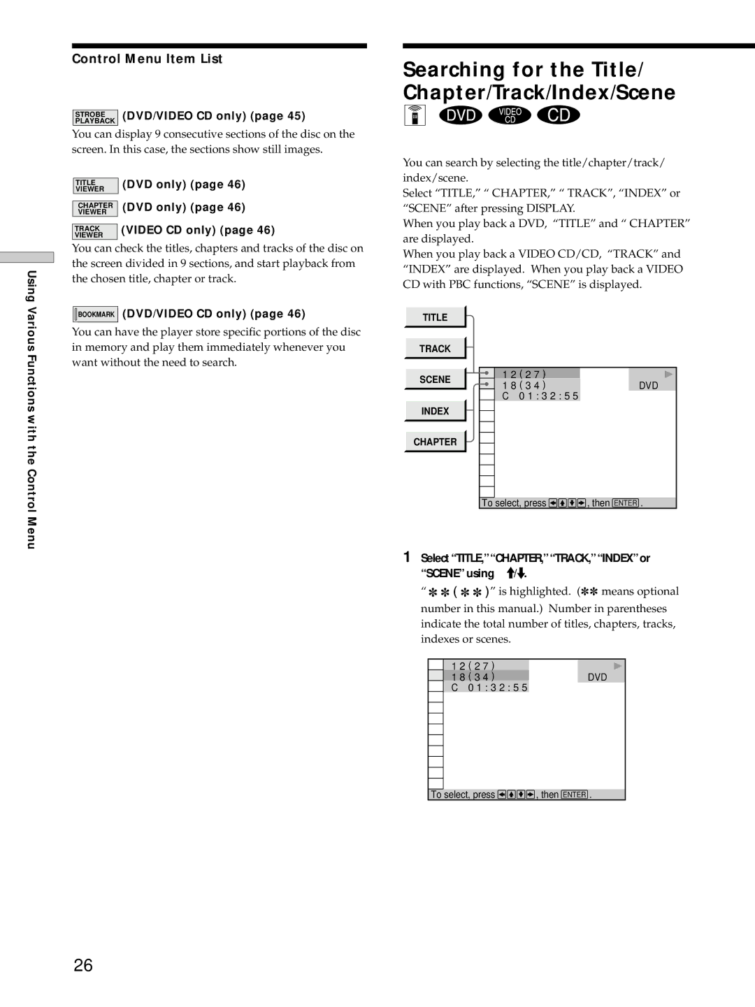 Sony DVP-S725D operating instructions Searching for the Title/ Chapter/Track/Index/Scene, Control Menu Item List 