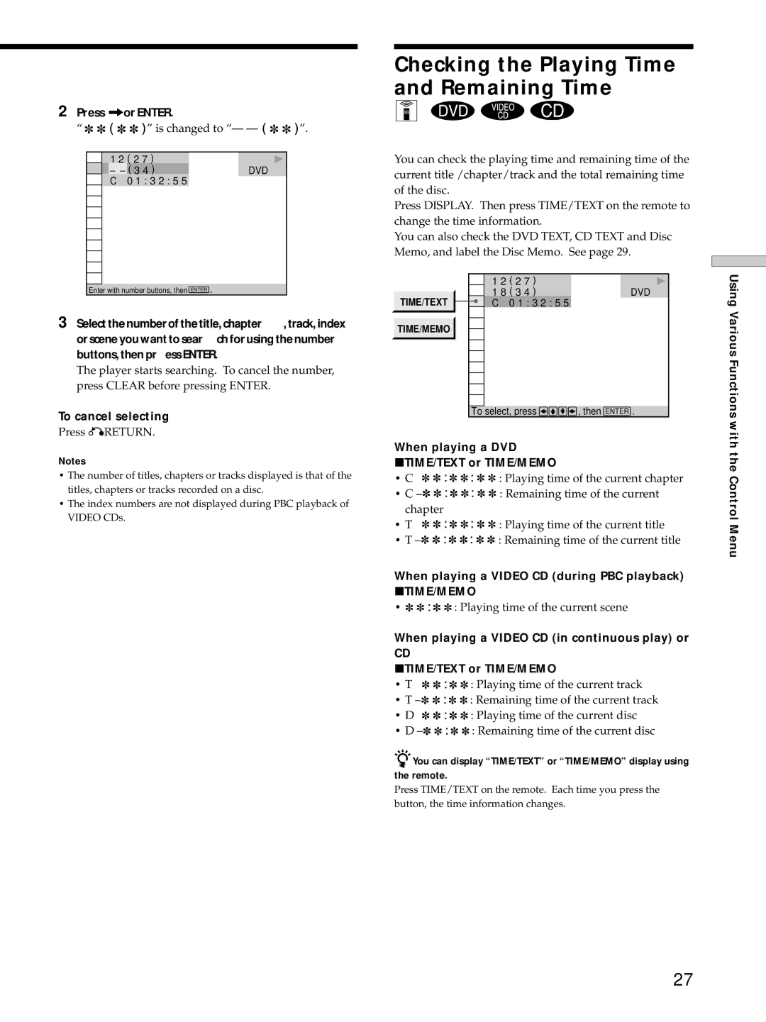 Sony DVP-S725D operating instructions Checking the Playing Time and Remaining Time, Press /or Enter, To cancel selecting 