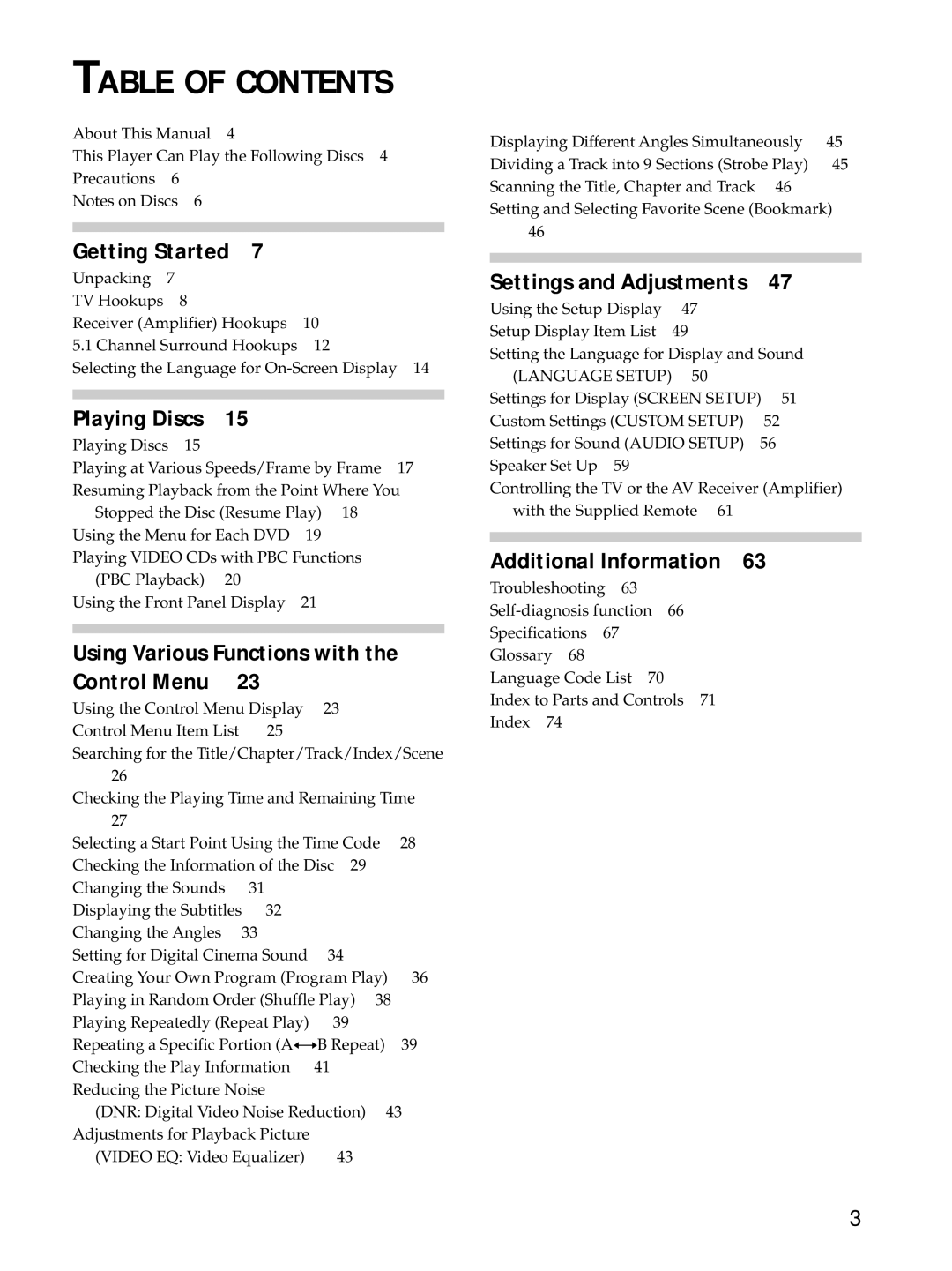 Sony DVP-S725D operating instructions Table of Contents 