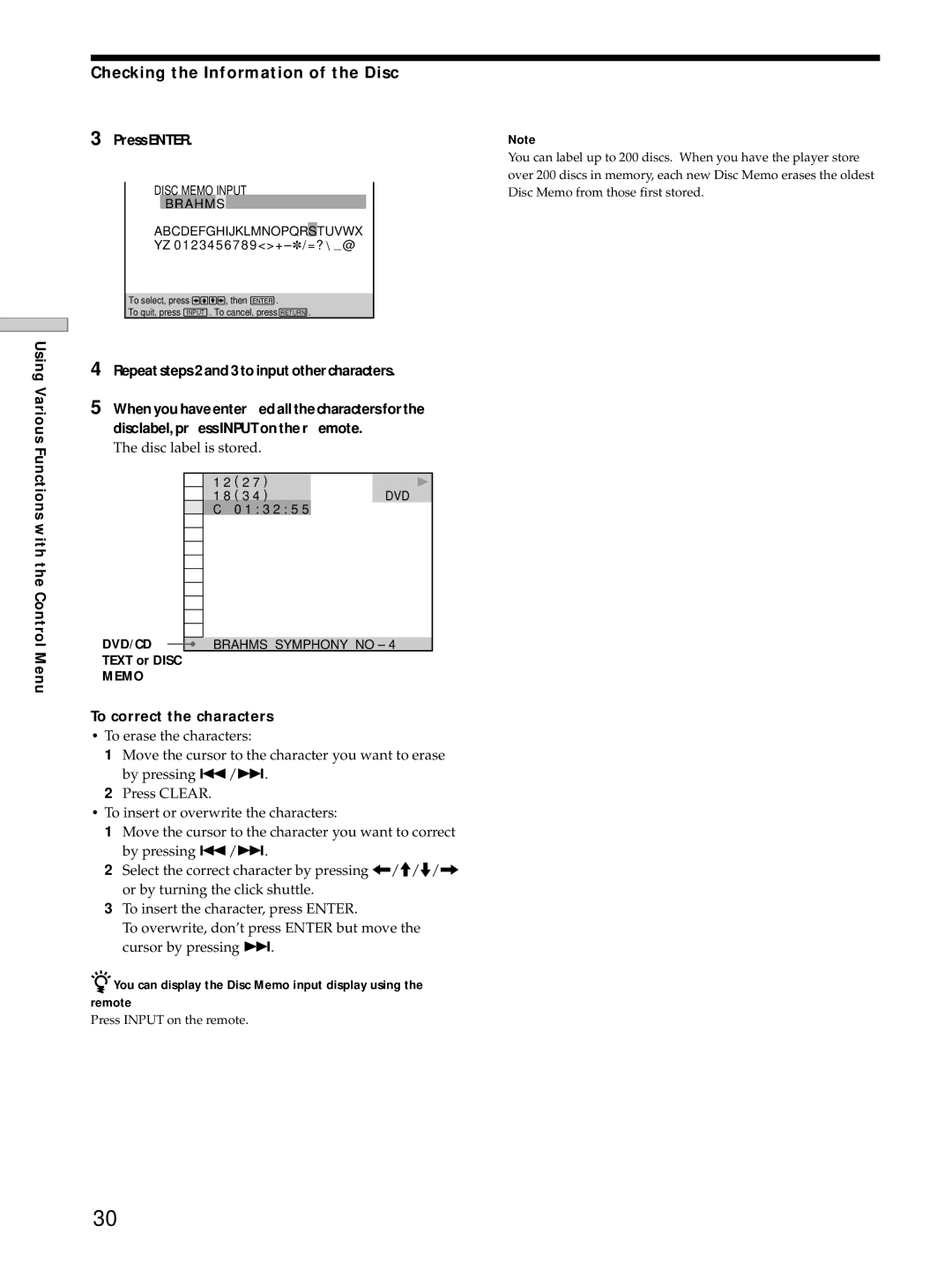 Sony DVP-S725D Checking the Information of the Disc, Disc label is stored, To correct the characters, Text or Disc 