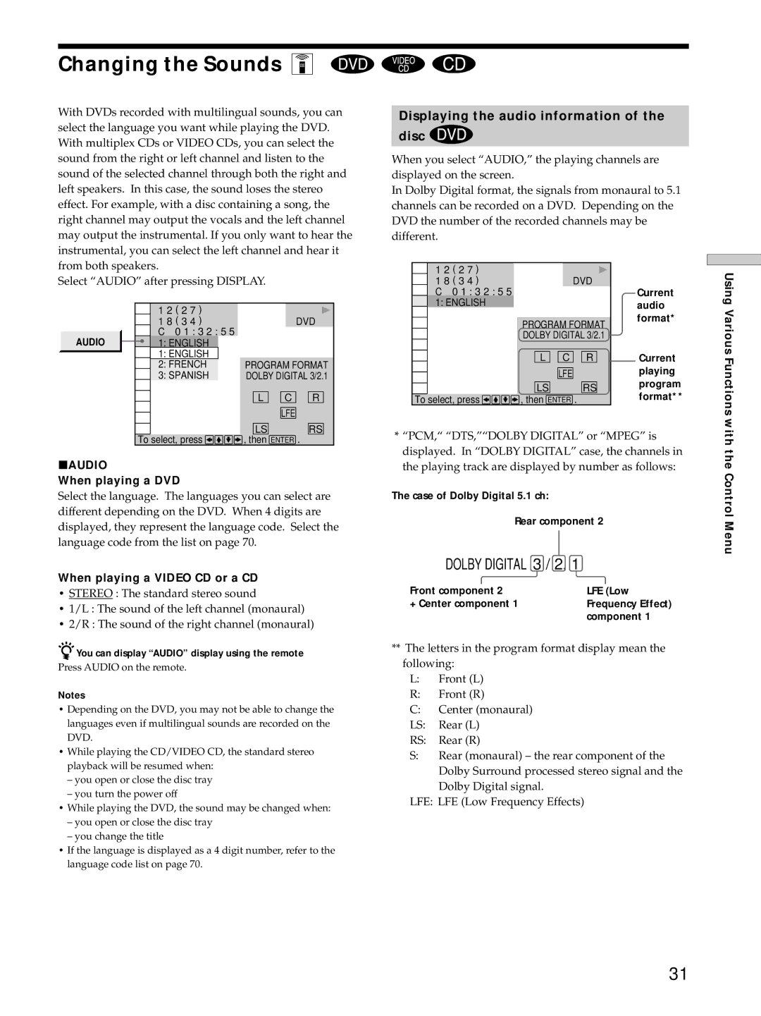 Sony DVP-S725D Changing the Sounds Z, Displaying the audio information Disc, PAUDIO When playing a DVD 