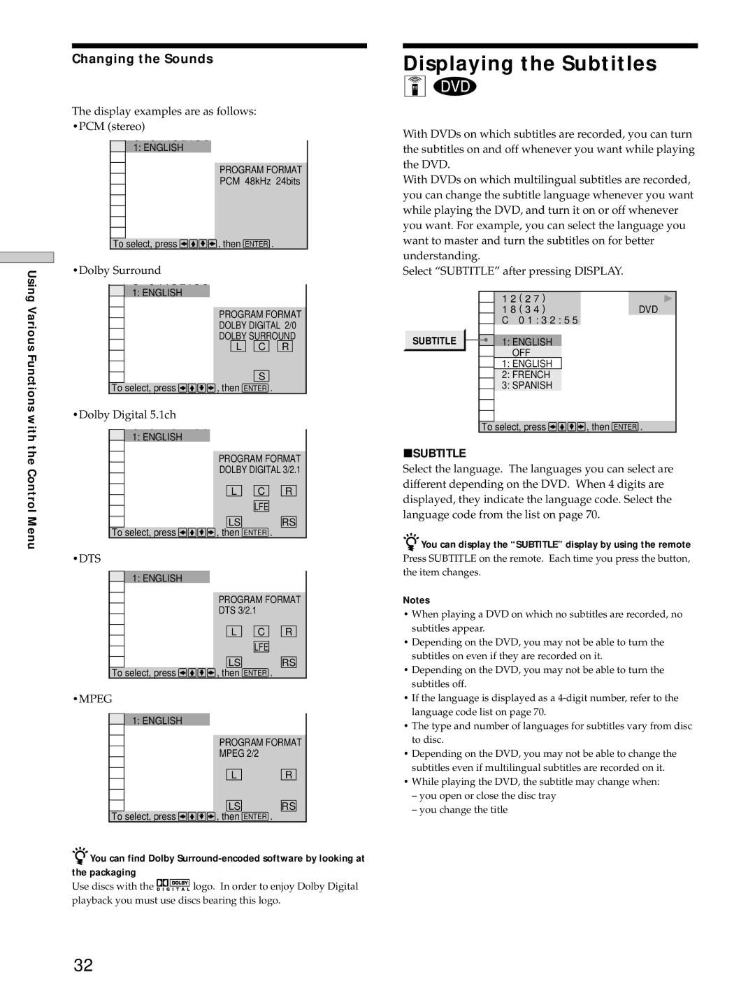 Sony DVP-S725D operating instructions Displaying the Subtitles, Changing the Sounds, Psubtitle 