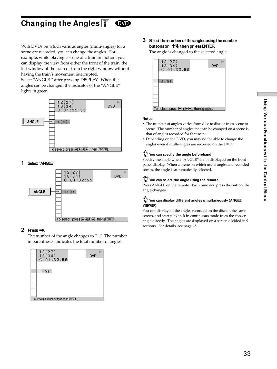 Sony DVP-S725D operating instructions Changing the Angles Z, SelectANGLE, Press, Angle is changed to the selected angle 