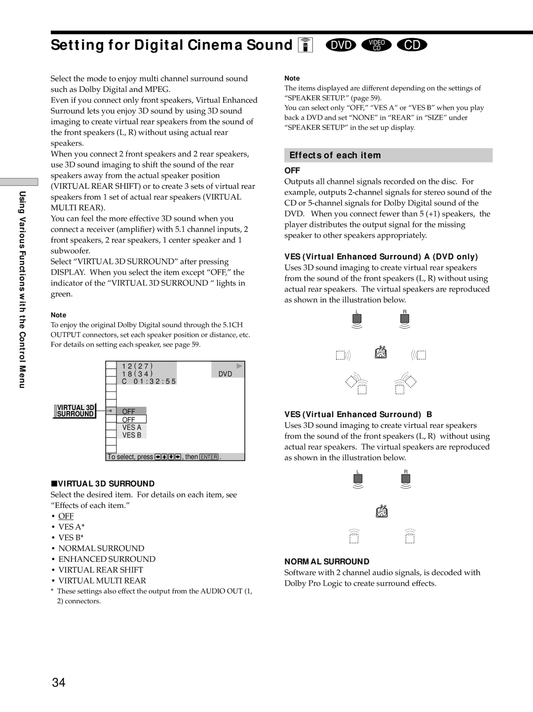 Sony DVP-S725D operating instructions Setting for Digital Cinema Sound Z, Effects of each item 