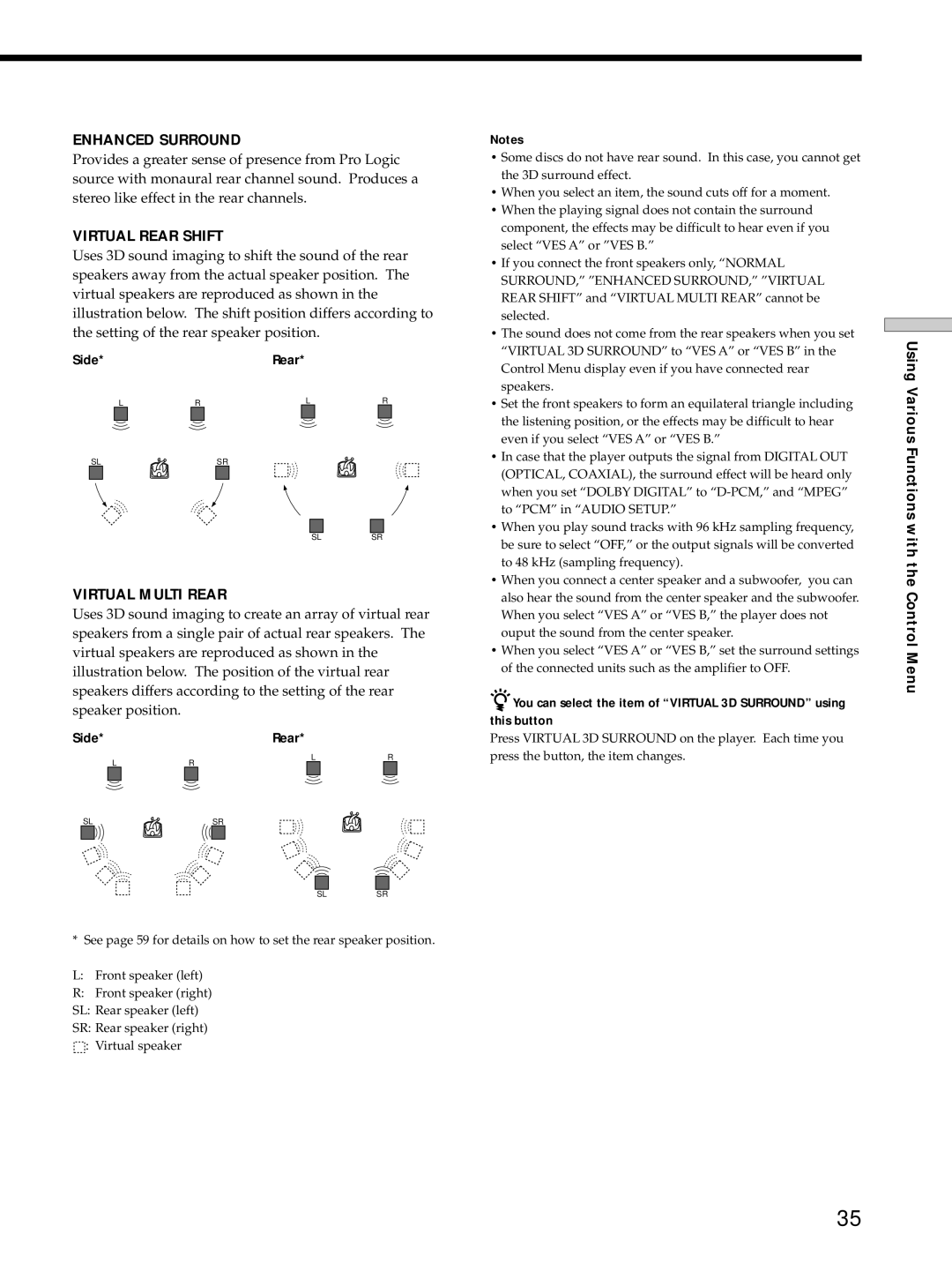 Sony DVP-S725D operating instructions Enhanced Surround, Side Rear 