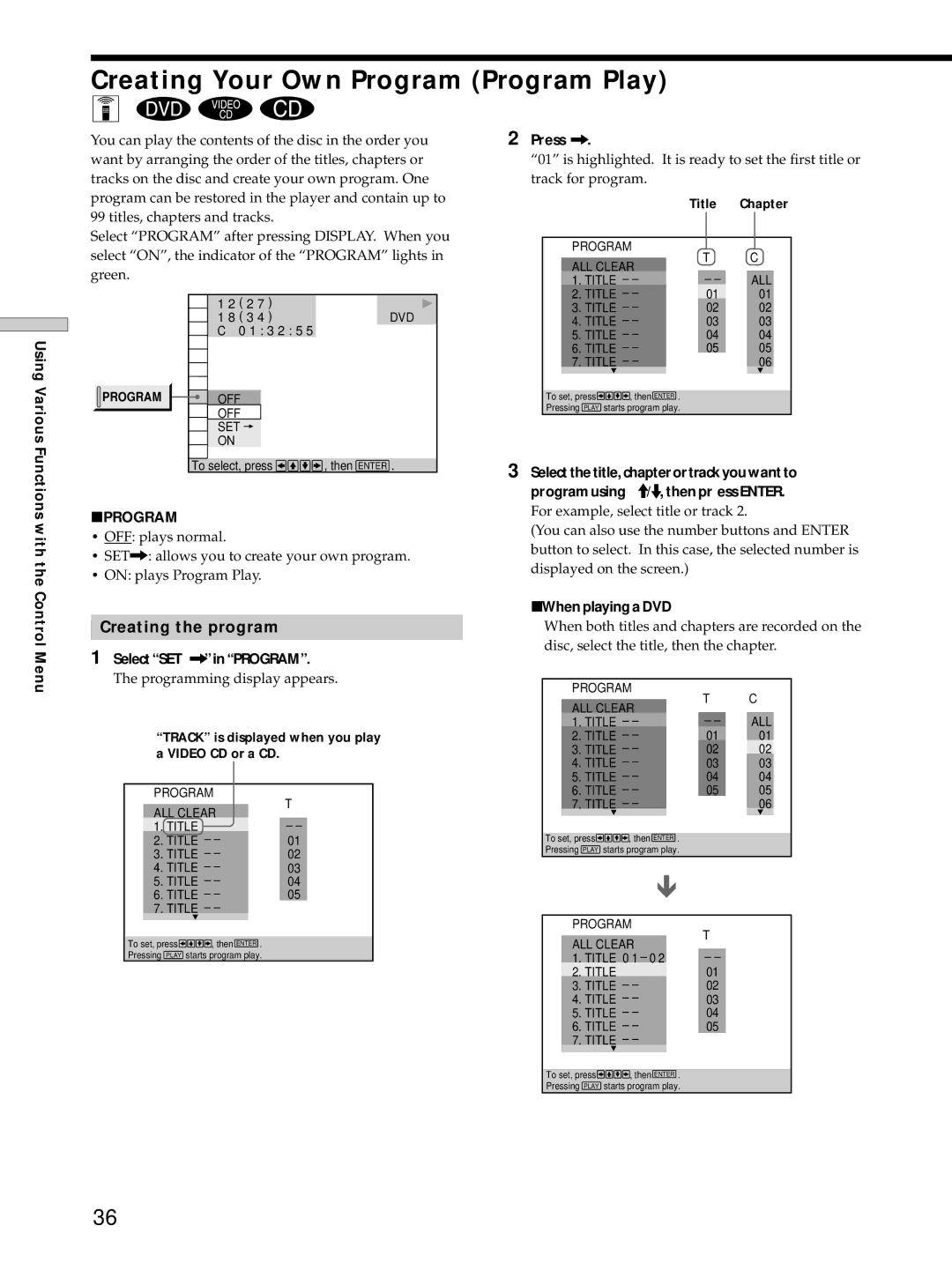 Sony DVP-S725D operating instructions Creating Your Own Program Program Play, Creating the program 