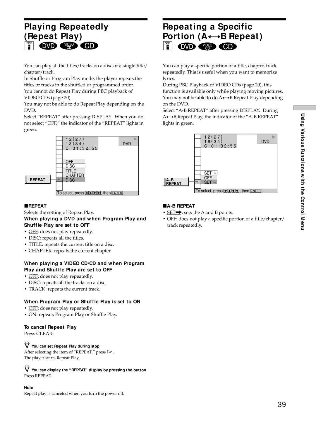 Sony DVP-S725D operating instructions Playing Repeatedly Repeat Play, Repeating a Specific Portion A÷B Repeat 