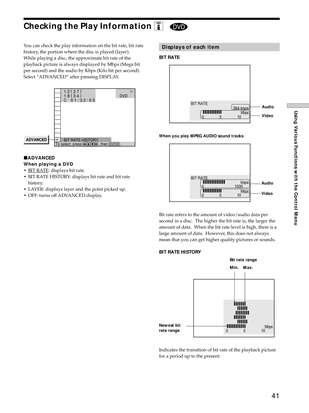 Sony DVP-S725D operating instructions Checking the Play Information Z, Displays of each item, PADVANCED When playing a DVD 