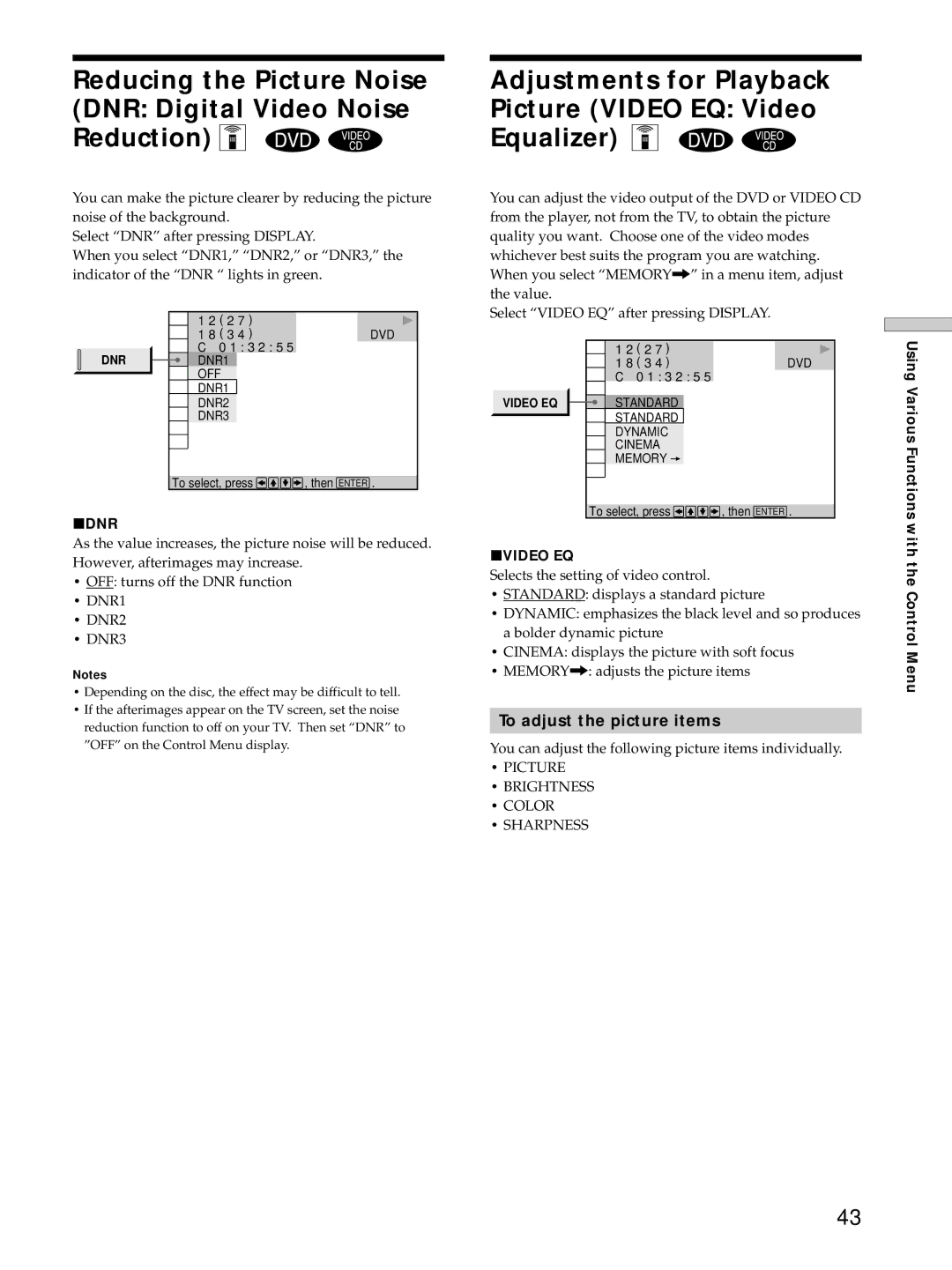 Sony DVP-S725D Adjustments for Playback Picture Video EQ Video Equalizer Z, To adjust the picture items, Pdnr, Pvideo Eq 