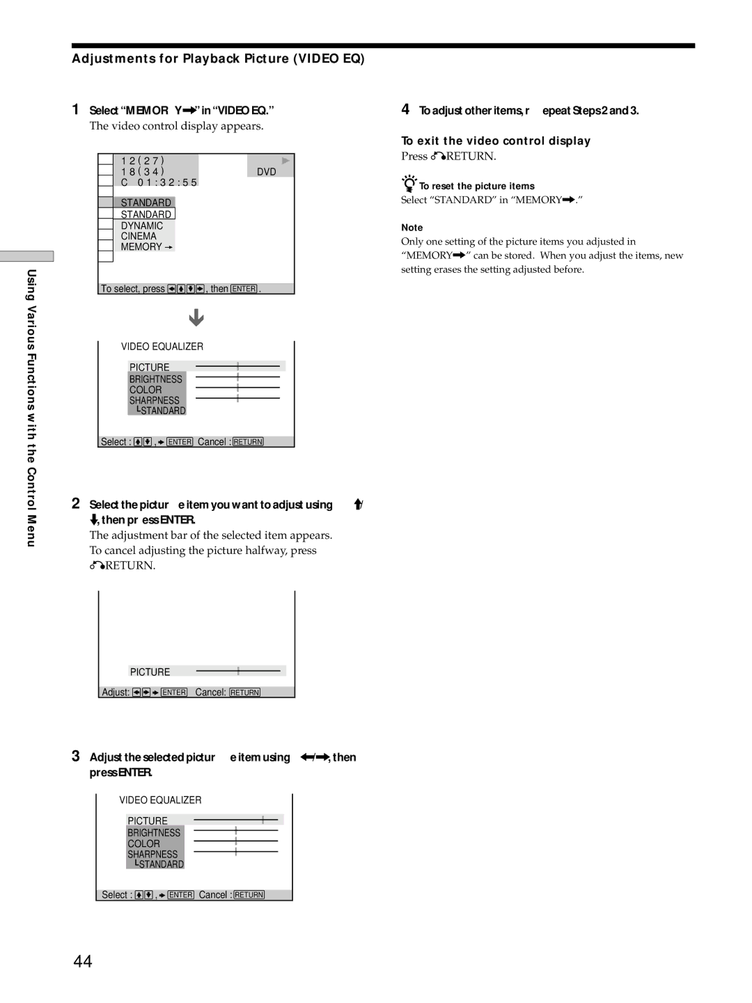 Sony DVP-S725D Adjustments for Playback Picture Video EQ, Select Memor Y/ in Video EQ, Video control display appears, With 