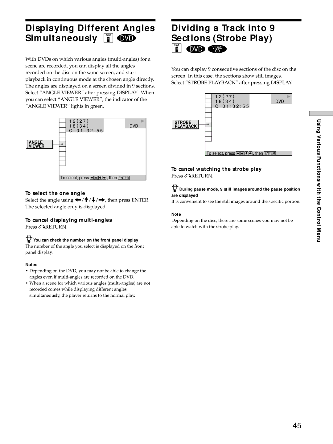 Sony DVP-S725D Displaying Different Angles Simultaneously Z, Dividing a Track into 9 Sections Strobe Play 