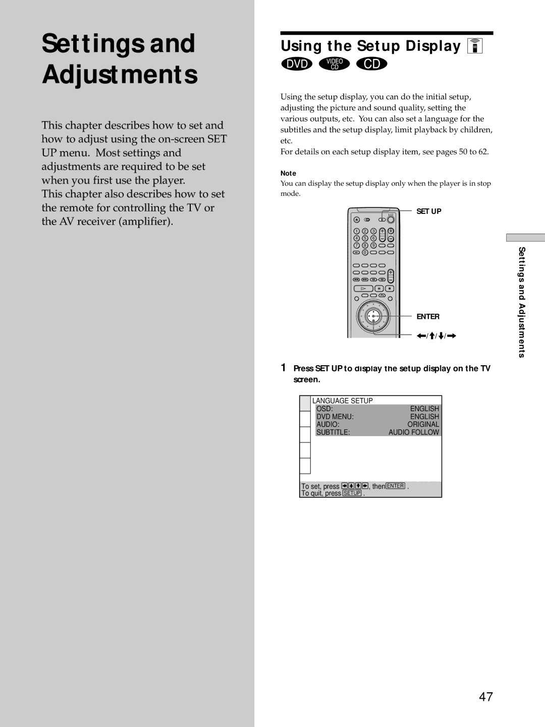 Sony DVP-S725D operating instructions Using the Setup Display Z, Press SET UP to display the setup display on the TV screen 