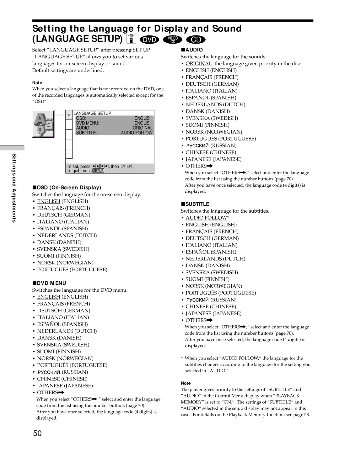 Sony DVP-S725D operating instructions Setting the Language for Display and Sound, POSD On-Screen Display, PDVD Menu, Paudio 