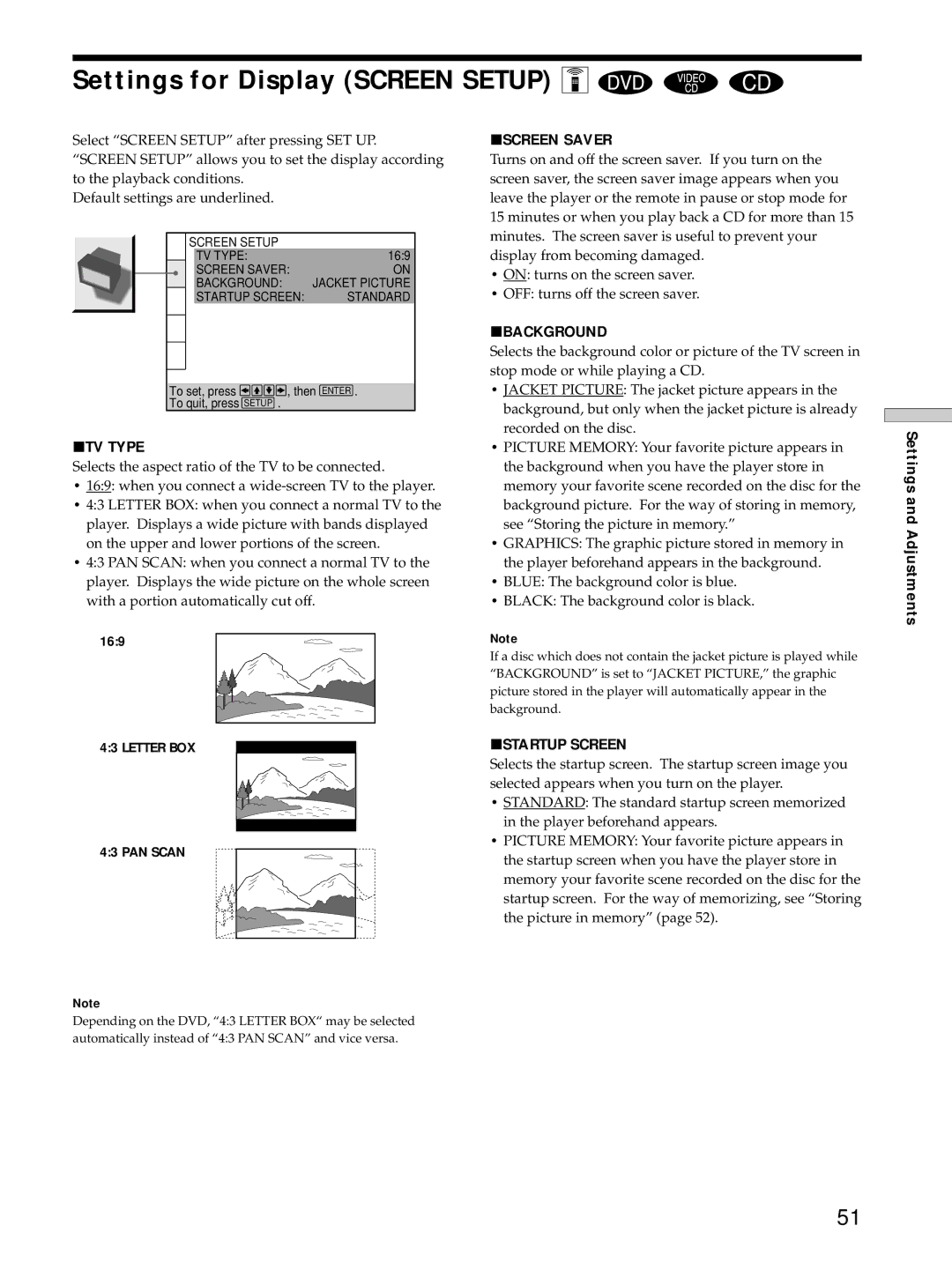 Sony DVP-S725D Settings for Display Screen Setup Z, PTV Type, PSCREEN Saver, Pbackground, PSTARTUP Screen 