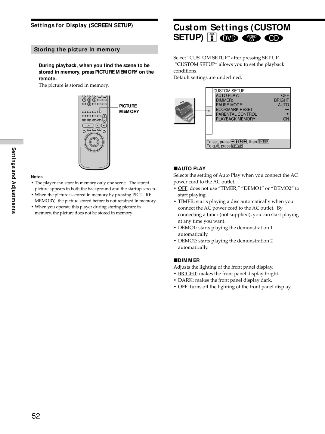 Sony DVP-S725D operating instructions Picture is stored in memory, PAUTO Play, Pdimmer 