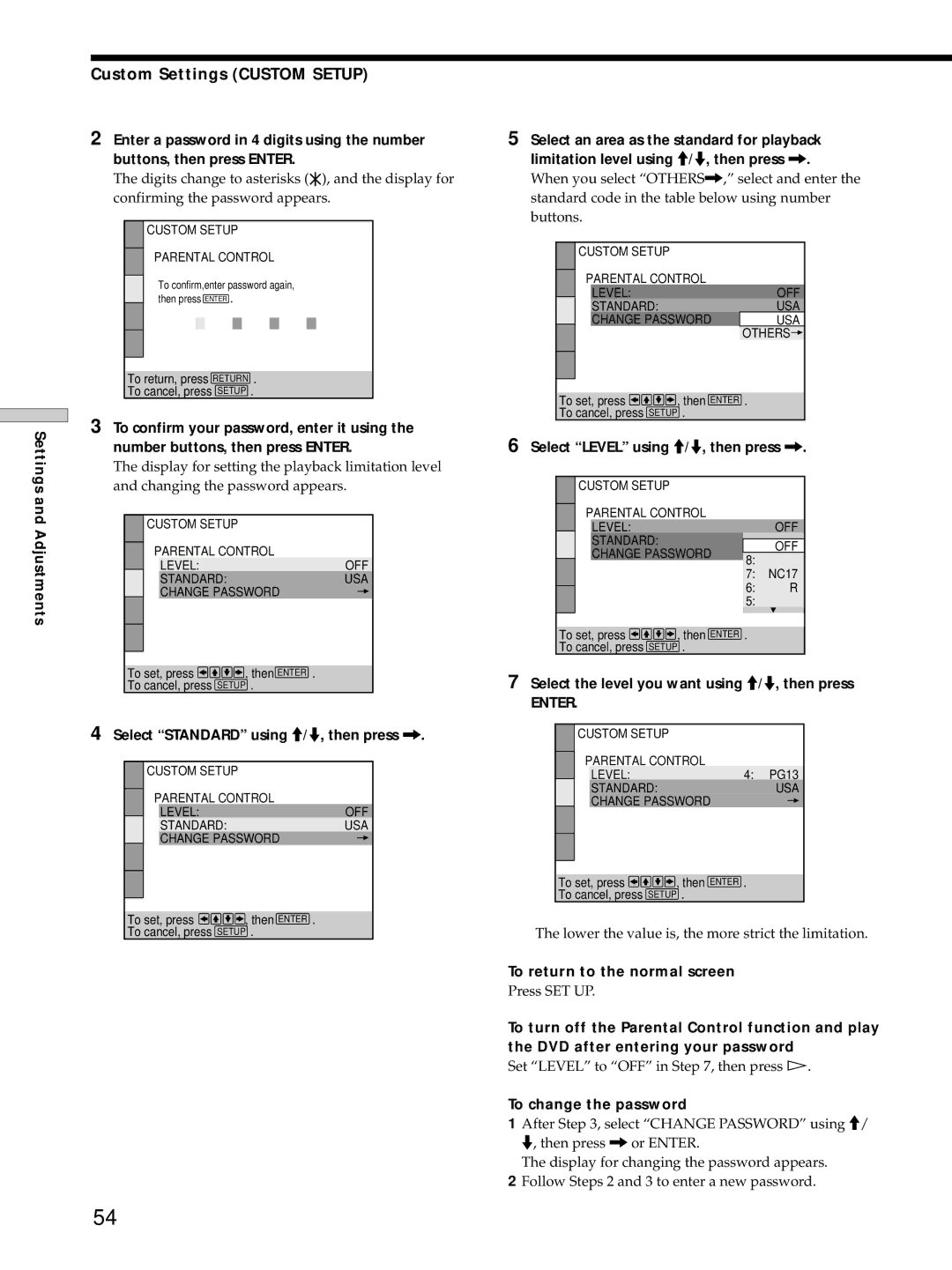 Sony DVP-S725D operating instructions Custom Settings Custom Setup 