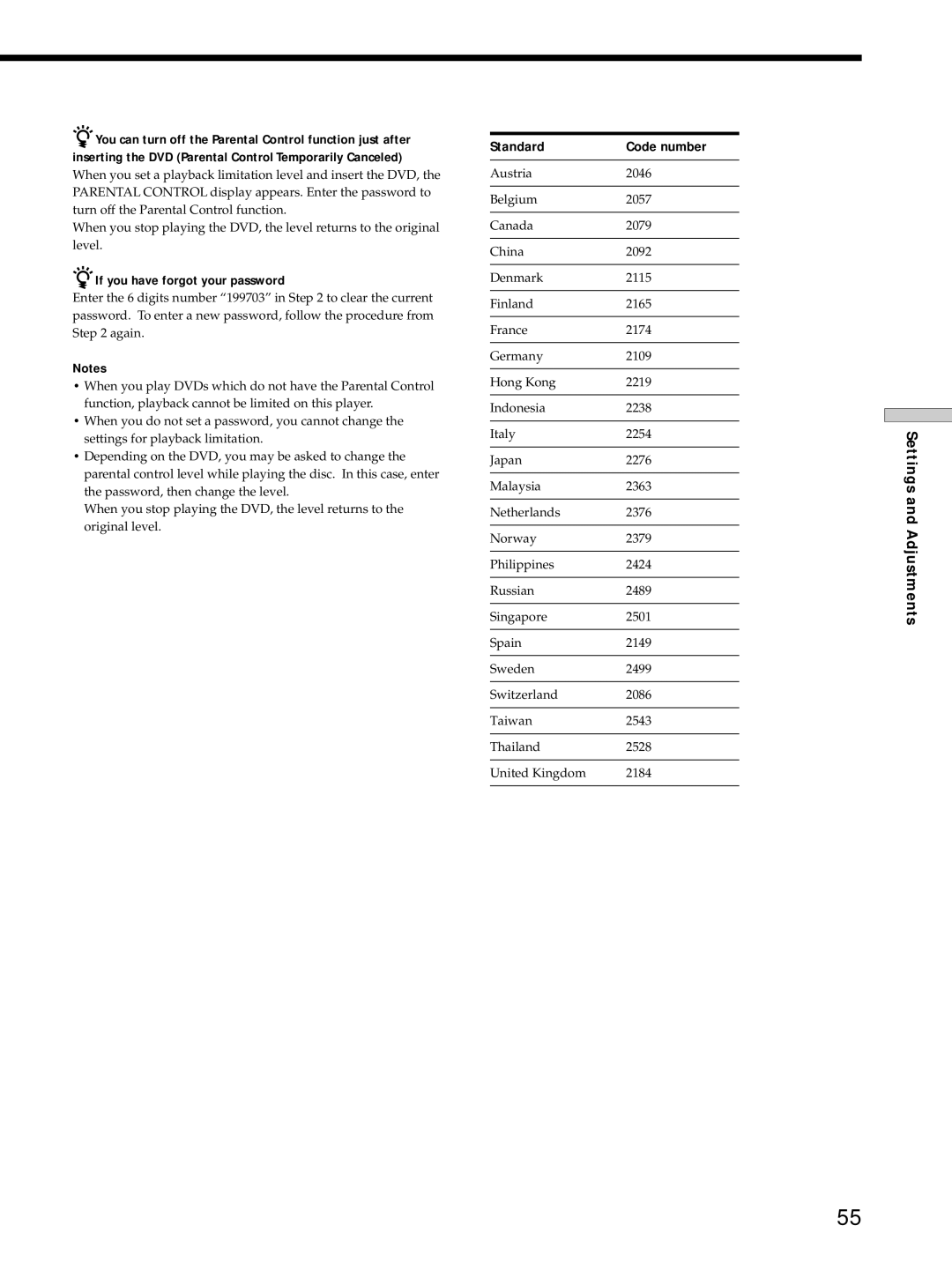 Sony DVP-S725D operating instructions Standard Code number, If you have forgot your password 