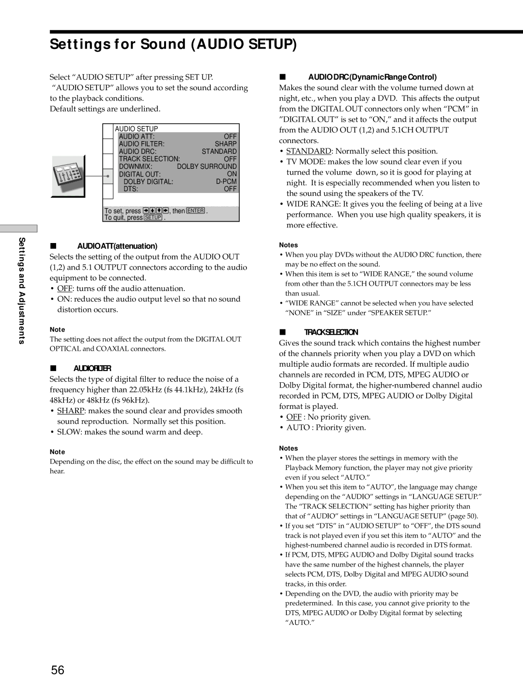 Sony DVP-S725D Settings for Sound Audio Setup, AUDIOATTattenuation, Audiofilter, AUDIODRCDynamicRangeControl 