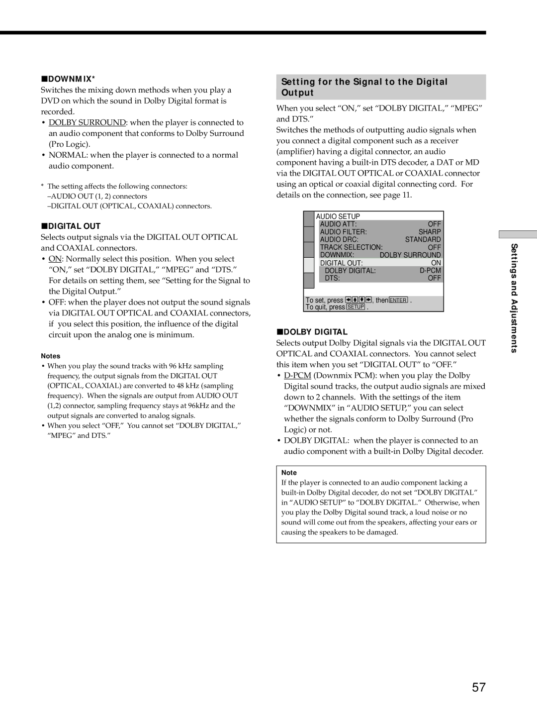 Sony DVP-S725D operating instructions Setting for the Signal to the Digital Output, Pdownmix, Pdigital Out, PDOLBY Digital 